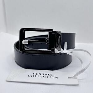 Versace Collection Leather Logo Buckle Belt One Size Black Sz 120